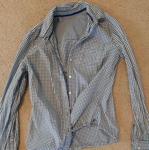 navy and white plaid checkered button up top